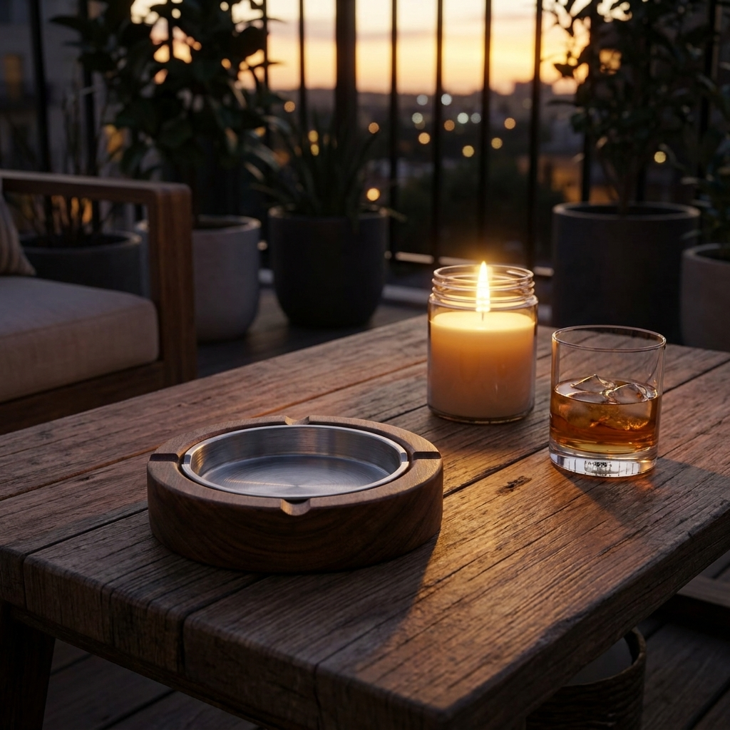 Cenicero con inserto metálico en mesa de exterior