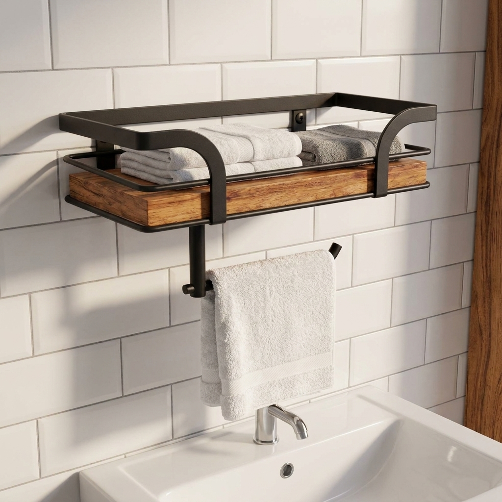 Estante de baño con toallero montado en la pared
