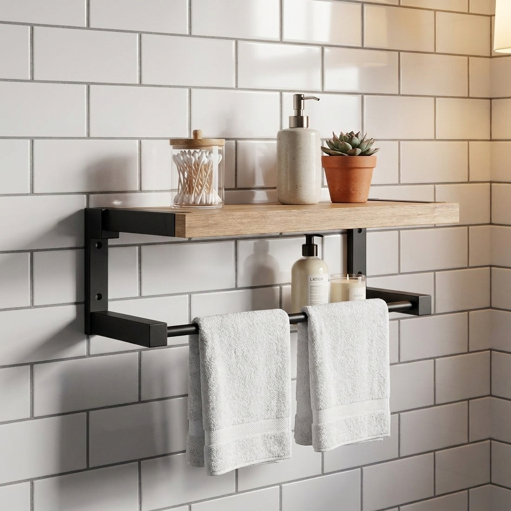 Estante de accesorios de baño madera negra montado en la pared