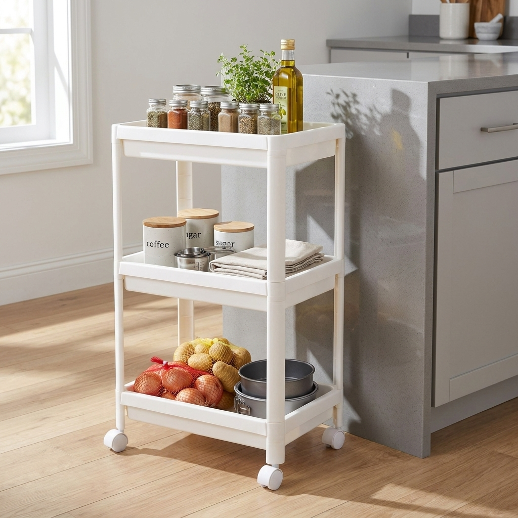 Estante de cocina con ruedas junto a la encimera