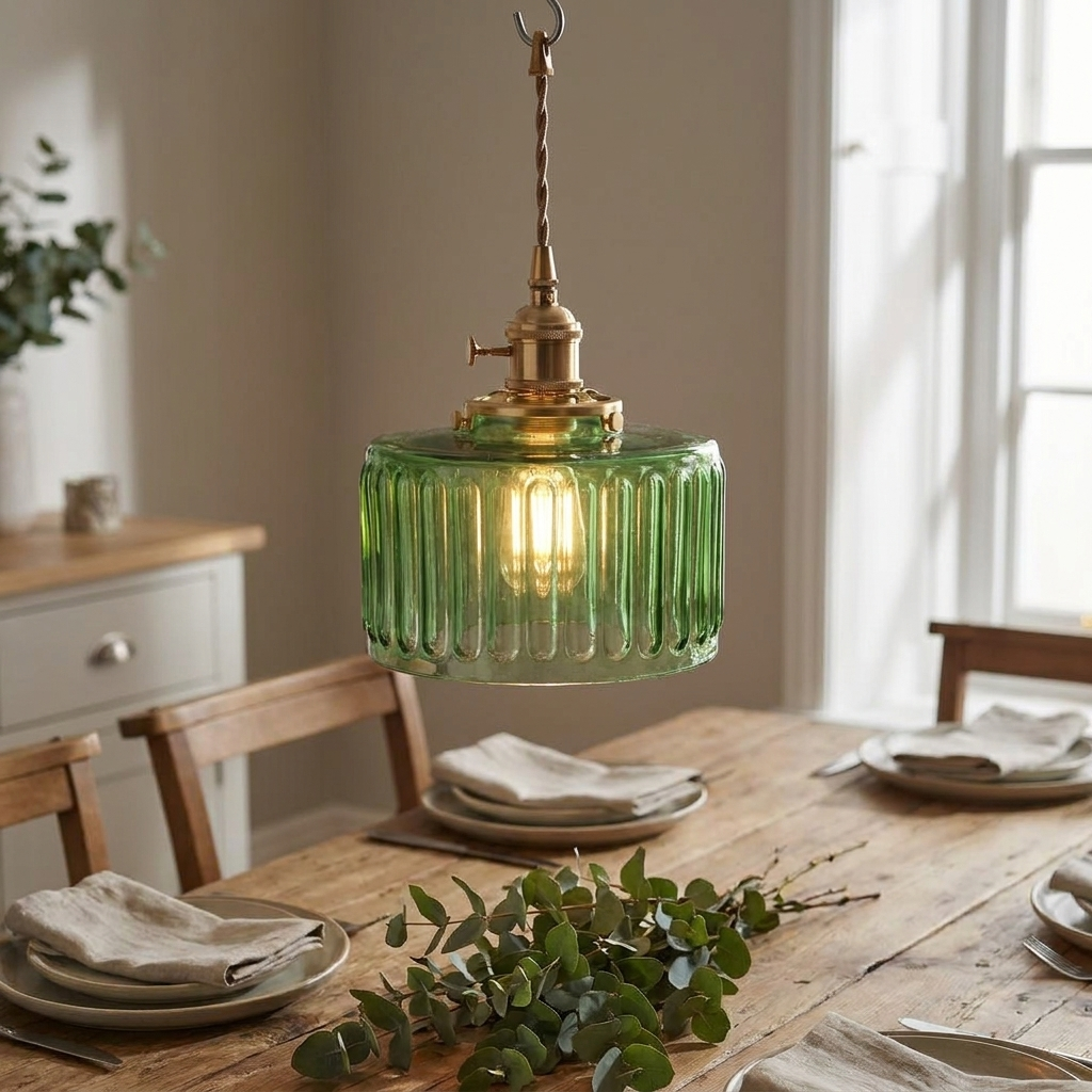 Lámpara colgante de vidrio verde sobre mesa de comedor