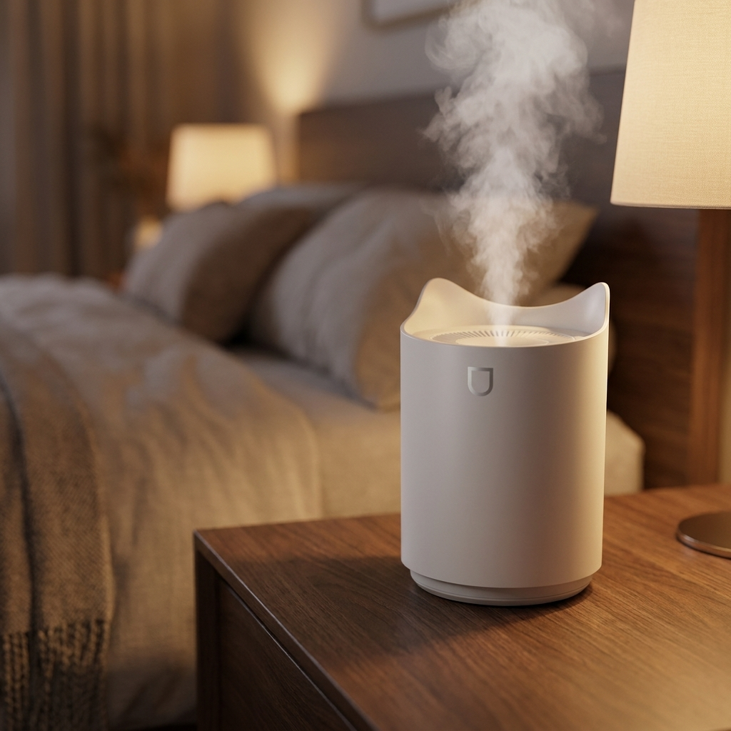 Humidificador de niebla fría en mesita de noche