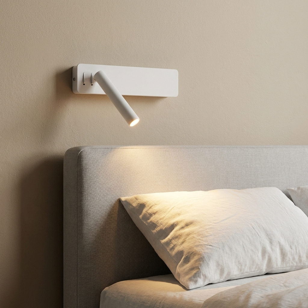 Luz de pared LED con brazo sobre cabecero de cama