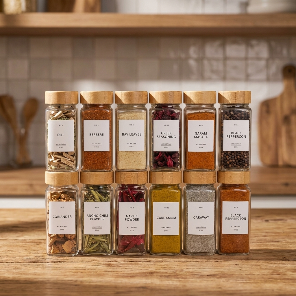 Frascos de especias en encimera de cocina