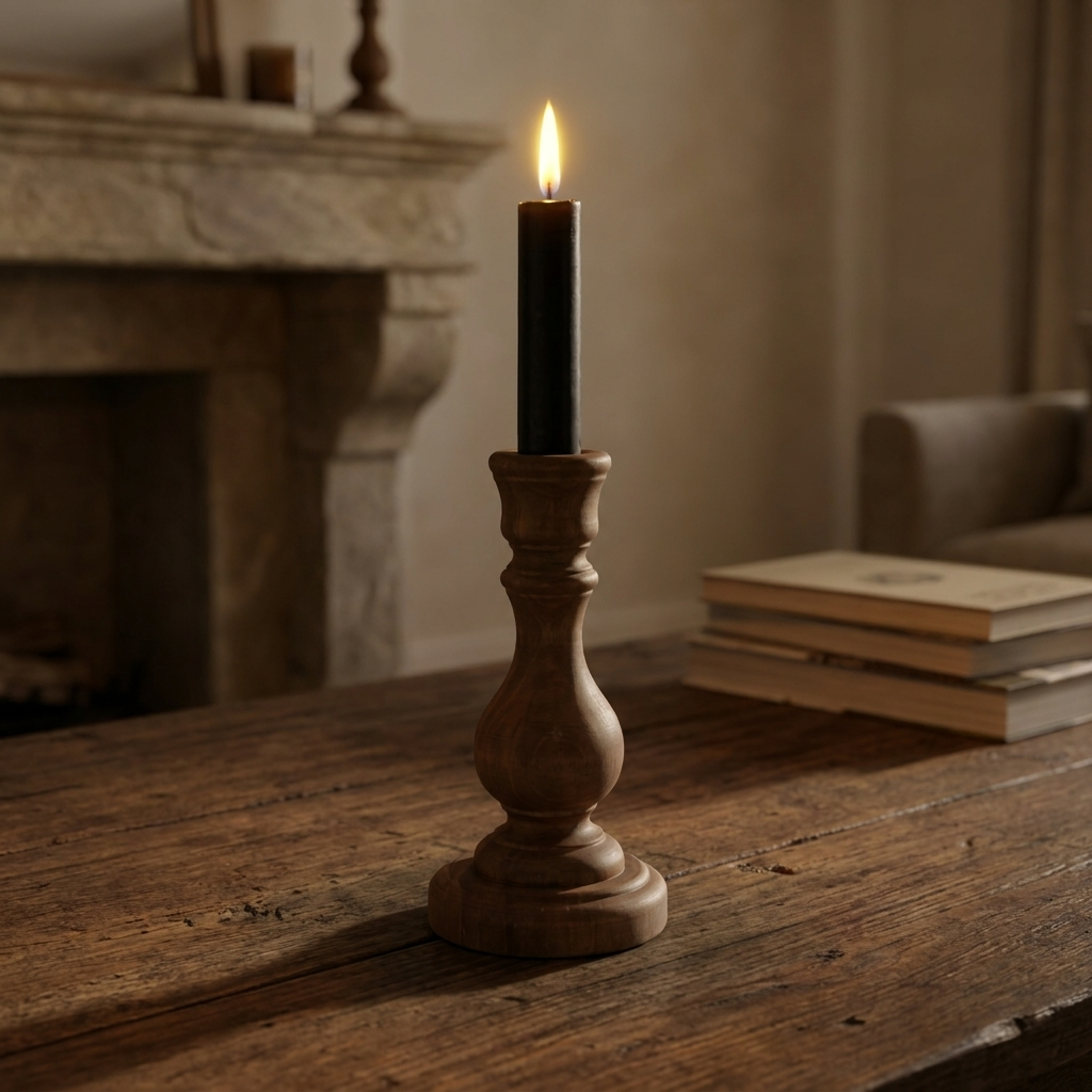 Portavelas de madera con vela encendida en mesa
