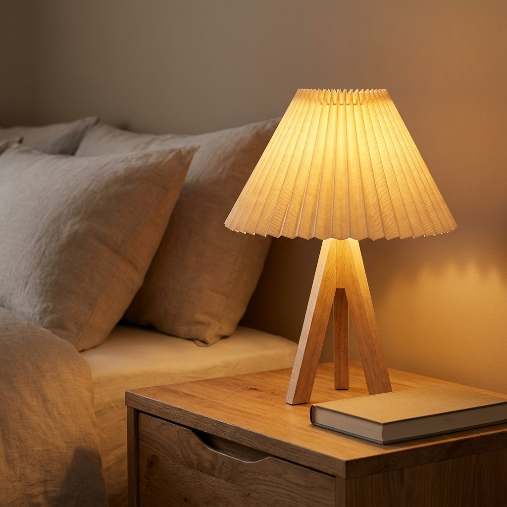 Lámpara de mesa plisada nórdica en mesita de noche