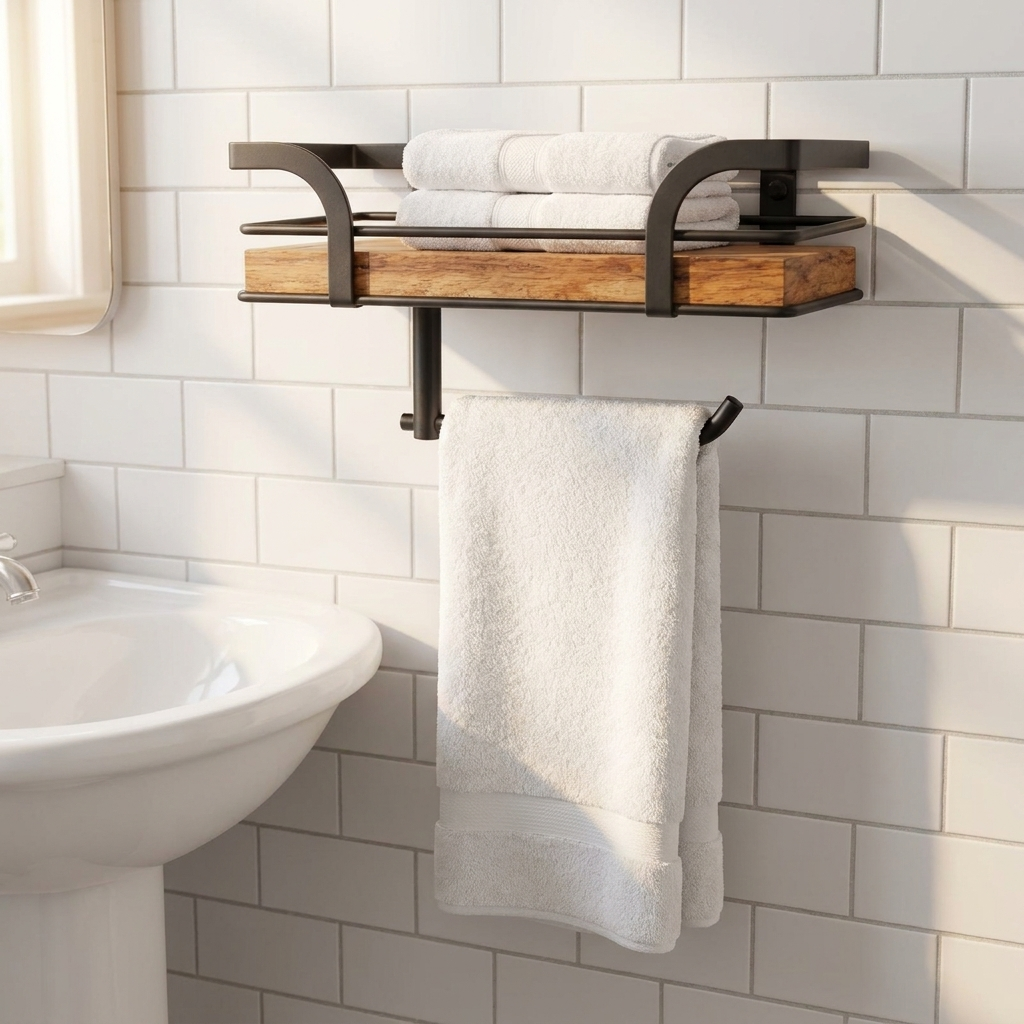 wall-mounted bathroom shelf with towel bar - uso diario 1
