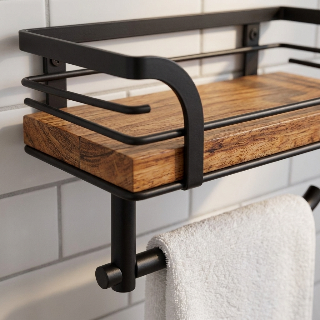 wall-mounted bathroom shelf with towel bar - uso diario 3 (detalle)