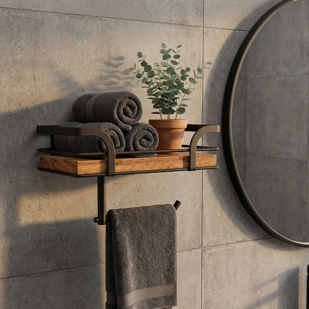 wall-mounted bathroom shelf with towel bar - uso diario 2
