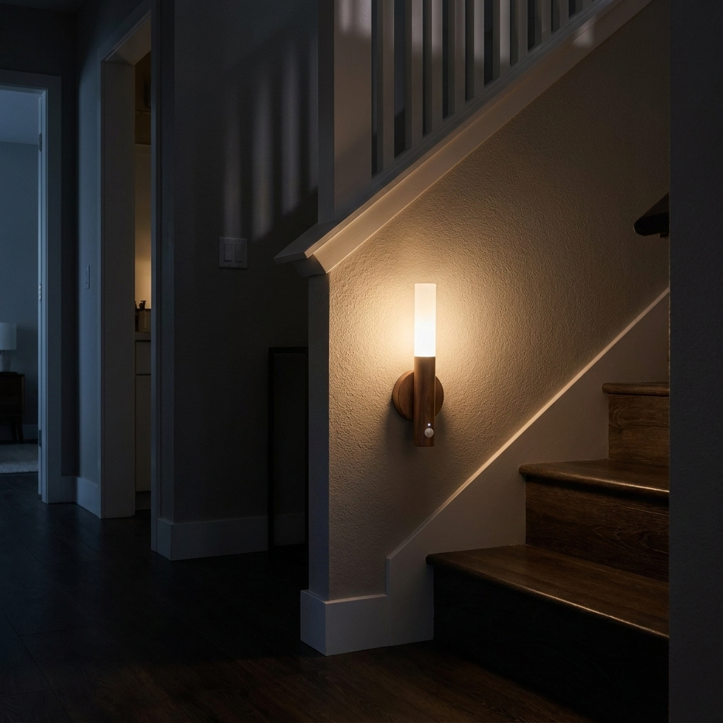 motion-sensor wood wall night light - uso diario 2