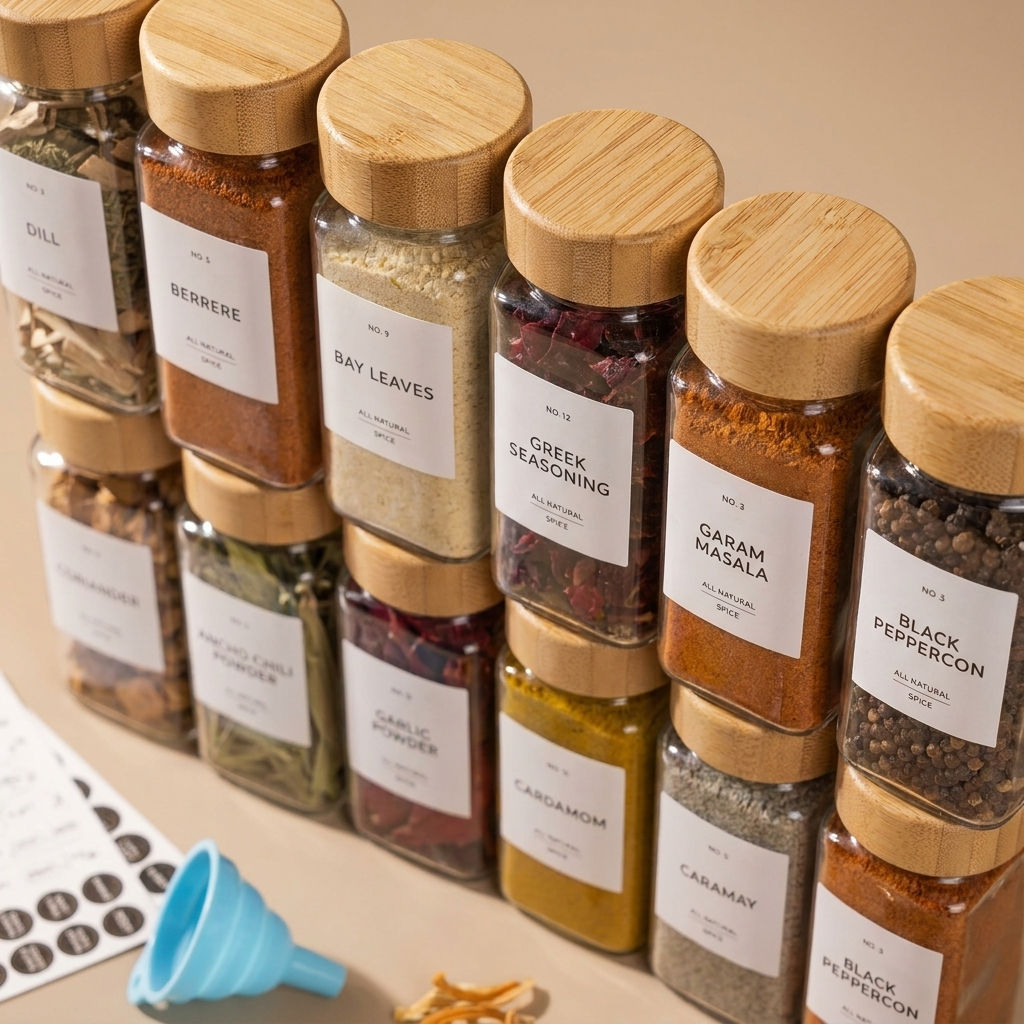 glass spice jars with bamboo lids - uso diario 3 (detalle)