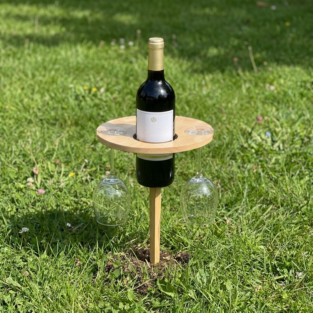 Mesa plegable de vino con pata anclada en el césped